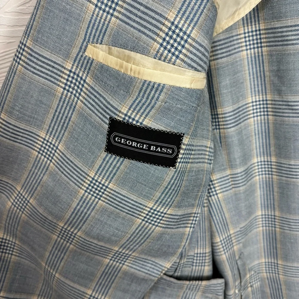 George Bass Ermenegildo Zegna Silk & Linen Blue Gray Plaid Blazer 45R‎